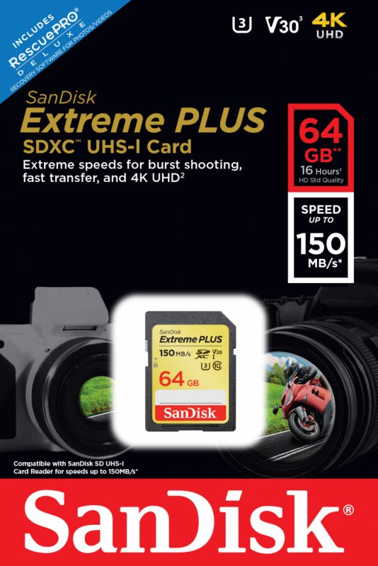 SanDisk Extreme Plus SDXC 64GB 150MB/ s V30 UHS-I - obrázek č. 1