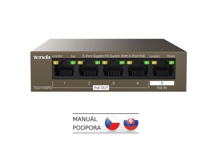 Tenda TEG1105PD PoE PD Gigabit switch, 1x PoE IN, 4x PoE OUT 802.3af, 5x 1 Gb/ s, max. 30W, fanless - obrázek č. 1