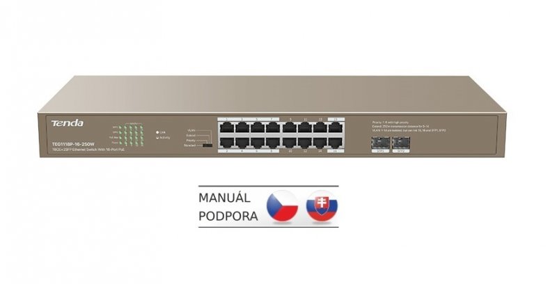 Tenda TEG1118P-16-250W PoE AT Gigabit switch 16x 1Gb/ s PoE 802.3af/ at + 2x SFP 1Gb/ s, PoE+ 230W,Rack - obrázek produktu