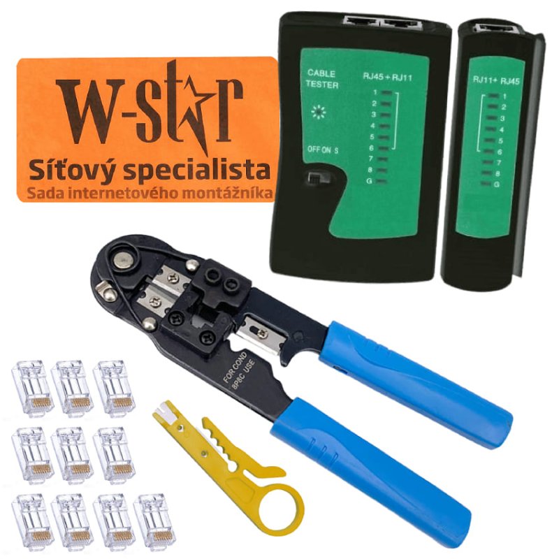 W-Star Sada nářadí WS140 UTP tester, krimpovací kleště, stripovač, 10x konektor RJ45 - obrázek produktu