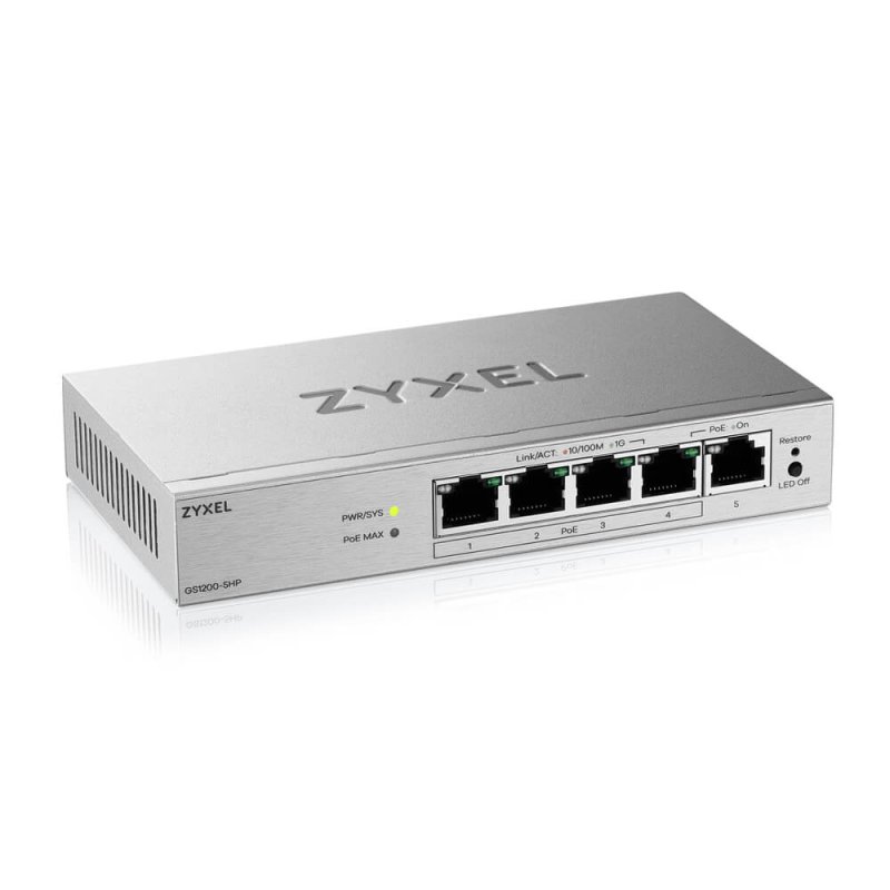 Zyxel GS1200-5HP v3, 5 Port Gigabit PoE+ webmanaged Desktop Switch, 4x PoE, 68 Watt - obrázek č. 1