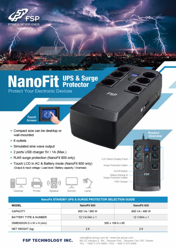 FSP UPS NanoFit 800, 800 VA /  480 W, 2xUSB power, LCD, RJ45, offline - obrázek č. 3