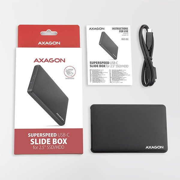 AXAGON EE25-SLC, USB-C 3.2 Gen 1 - SATA 6G 2.5" SLIDE box, bezšroubkový, černý - obrázek č. 6