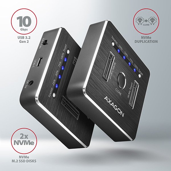 AXAGON ADSA-M2C, USB-C 3.2 Gen 2 -  2x M.2 NVMe SSD CLONE MASTER dokovací stanice - obrázek č. 1