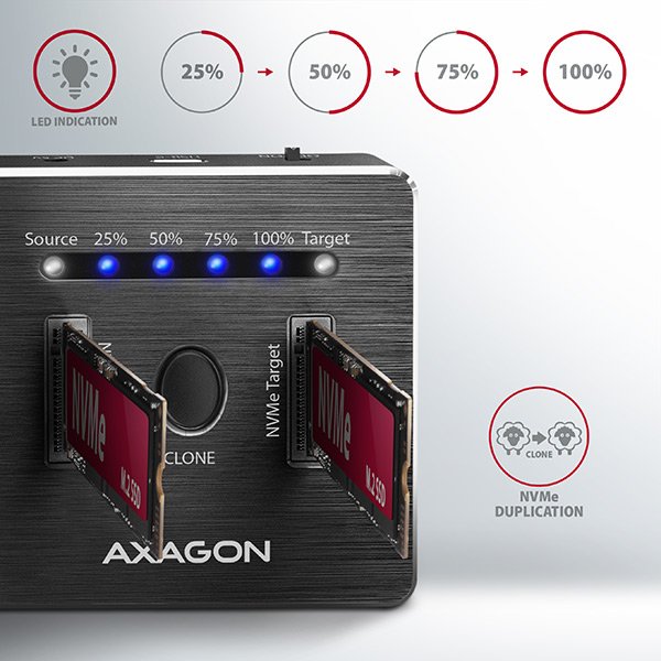AXAGON ADSA-M2C, USB-C 3.2 Gen 2 -  2x M.2 NVMe SSD CLONE MASTER dokovací stanice - obrázek č. 2