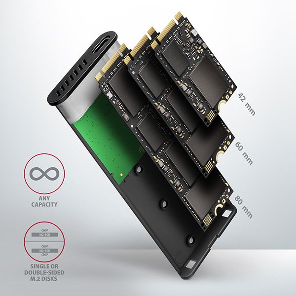 AXAGON EEM2-SBC, USB-C 3.2 Gen 2 - M.2 SATA SSD kovový RAW box, bezšroubkový - obrázek č. 10
