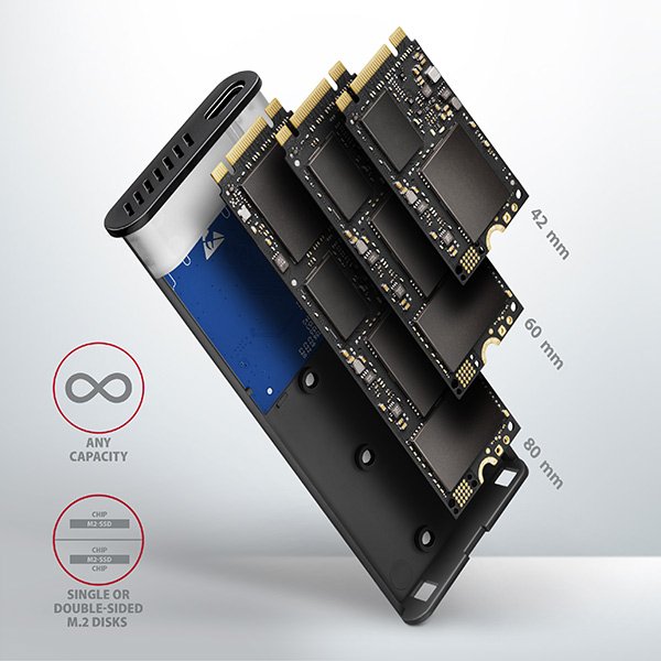 AXAGON EEM2-SG2, USB-C 3.2 Gen 2 - M.2 NVMe & SATA SSD kovový RAW box, bezšroubkový, stříbrný - obrázek č. 10