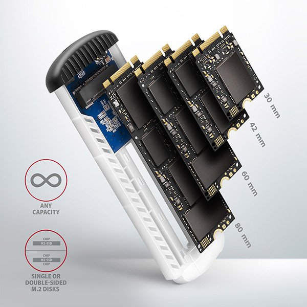 AXAGON EEM2-SA, USB micro-B 3.2 Gen 1 - M.2 SATA SSD kovový RIBBED box, bezšroubkový - obrázek č. 10