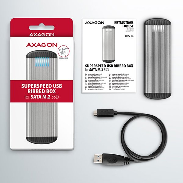 AXAGON EEM2-SA, USB micro-B 3.2 Gen 1 - M.2 SATA SSD kovový RIBBED box, bezšroubkový - obrázek č. 2