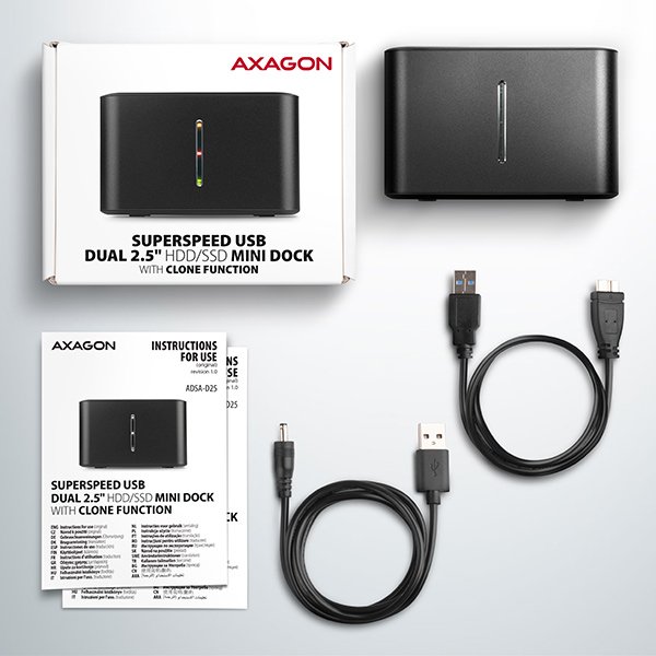 AXAGON ADSA-D25, USB 3.2 Gen 1 - 2x SATA 6G 2.5" SSD/ HDD CLONE MINI dokovací stanice - obrázek č. 8
