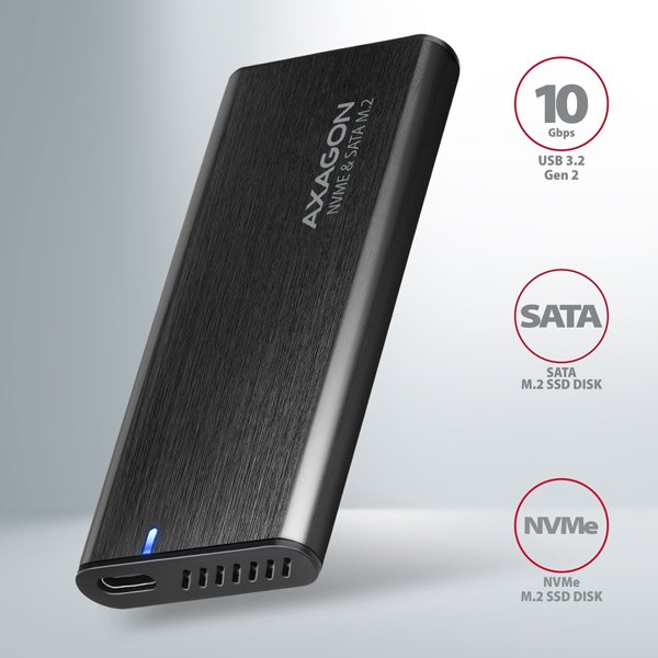 AXAGON EEM2-SB2, USB-C 3.2 Gen 2 - M.2 NVMe & SATA SSD kovový RAW box, bezšroubkový, černý - obrázek č. 1