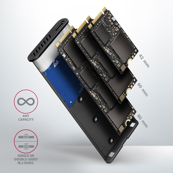 AXAGON EEM2-SB2, USB-C 3.2 Gen 2 - M.2 NVMe & SATA SSD kovový RAW box, bezšroubkový, černý - obrázek č. 10