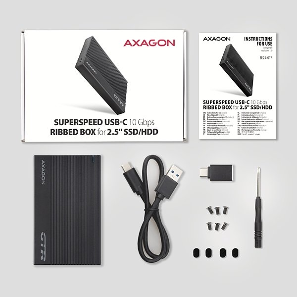 AXAGON EE25-GTR, USB-C 10Gbps - SATA 6G 2.5" RIBBED box, černý - obrázek č. 6