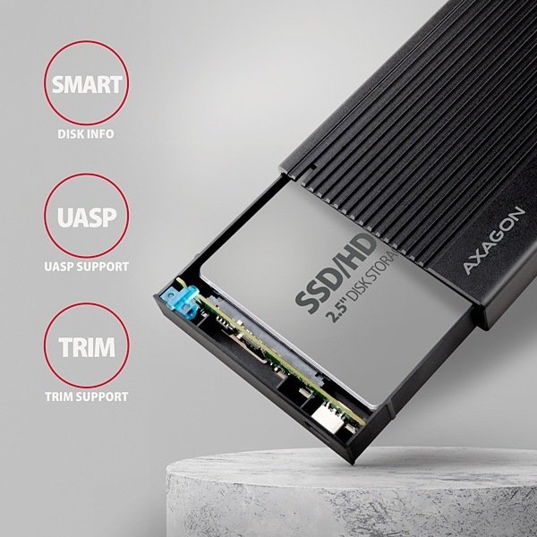 AXAGON EE25-GTR, USB-C 10Gbps - SATA 6G 2.5" RIBBED box, černý - obrázek č. 3