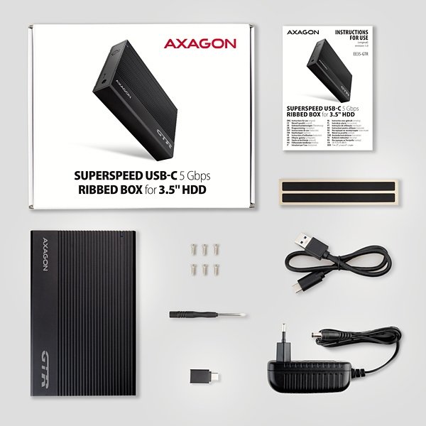AXAGON EE35-GTR, USB-C 5Gbps - SATA 6G 3.5" RIBBED box, černý - obrázek č. 6