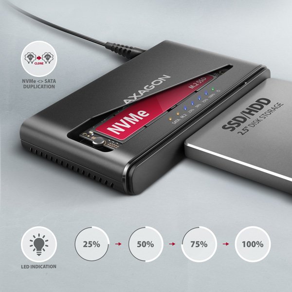 AXAGON ADSA-CC USB-C 10Gbps - NVMe M.2 SSD & SATA 2.5"/ 3.5" SSD/ HDD CLONE MASTER 2 - obrázek č. 3