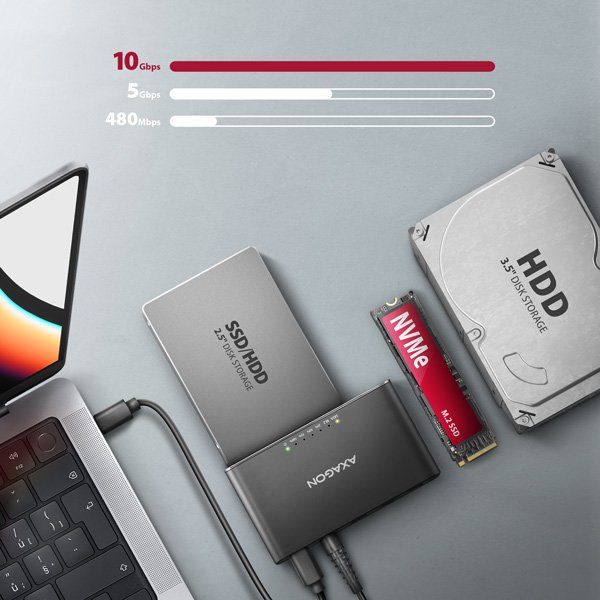 AXAGON ADSA-CC USB-C 10Gbps - NVMe M.2 SSD & SATA 2.5"/ 3.5" SSD/ HDD CLONE MASTER 2 - obrázek č. 4