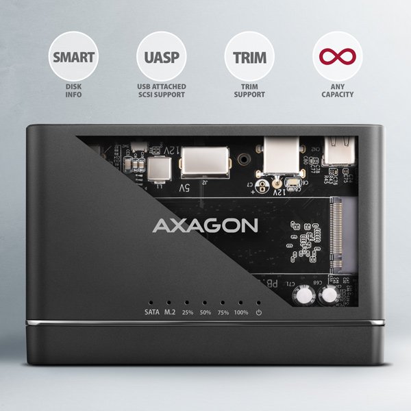 AXAGON ADSA-CC USB-C 10Gbps - NVMe M.2 SSD & SATA 2.5"/ 3.5" SSD/ HDD CLONE MASTER 2 - obrázek č. 6