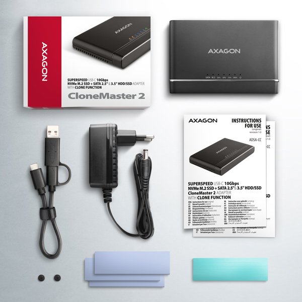 AXAGON ADSA-CC USB-C 10Gbps - NVMe M.2 SSD & SATA 2.5"/ 3.5" SSD/ HDD CLONE MASTER 2 - obrázek č. 8