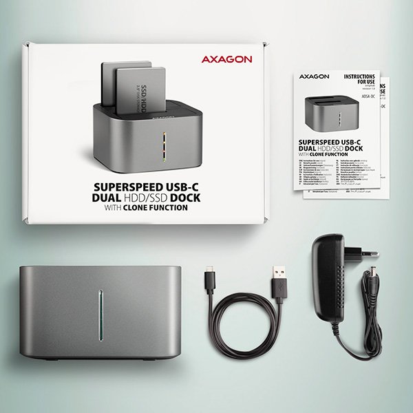 AXAGON ADSA-DC, USB-C 5Gbps - 2x SATA 6G 2.5"/ 3.5" SSD/ HDD CLONE DUAL dokovací stanice - obrázek č. 8