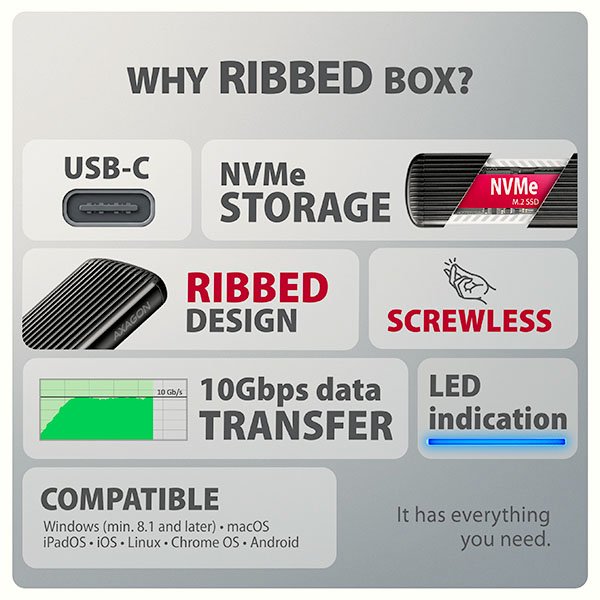 AXAGON EEM2-SC, USB-C 10Gbps externí box pro M.2 NVMe SSD, bezšroubový, žebrovaný hliník - obrázek č. 3