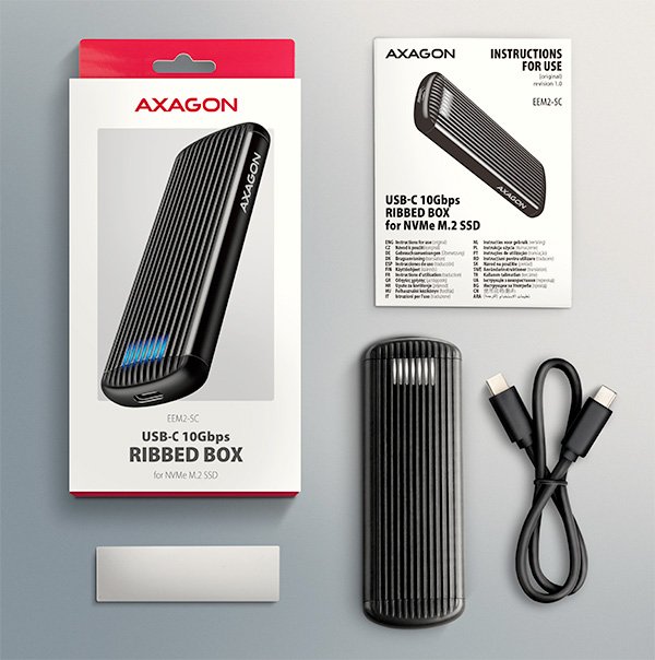 AXAGON EEM2-SC, USB-C 10Gbps externí box pro M.2 NVMe SSD, bezšroubový, žebrovaný hliník - obrázek č. 10