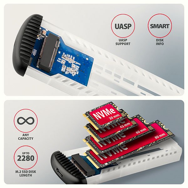 AXAGON EEM2-SC, USB-C 10Gbps externí box pro M.2 NVMe SSD, bezšroubový, žebrovaný hliník - obrázek č. 9