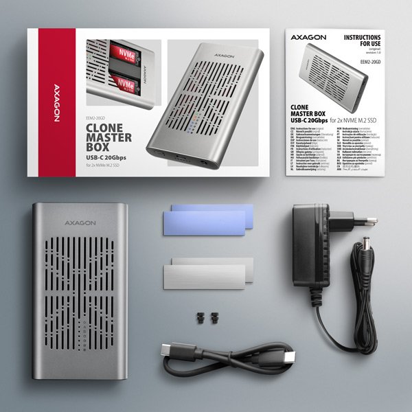 AXAGON EEM2-20GD, USB-C 20Gbps externí box pro dva M.2 NVMe SSD s funkcí klonování - obrázek č. 2