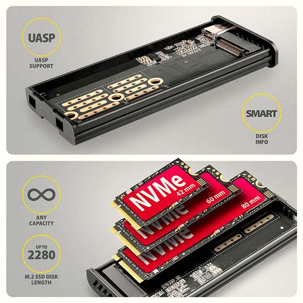 AXAGON EEM2-SD2B, USB-C 10Gbps externí box s displejem pro M.2 NVMe / SATA SSD, bezšroubkový, černý - obrázek č. 7