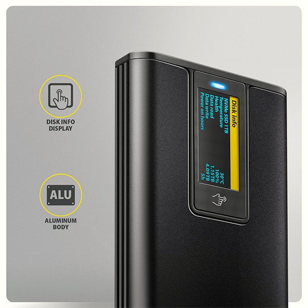 AXAGON EEM2-SD2B, USB-C 10Gbps externí box s displejem pro M.2 NVMe / SATA SSD, bezšroubkový, černý - obrázek č. 3
