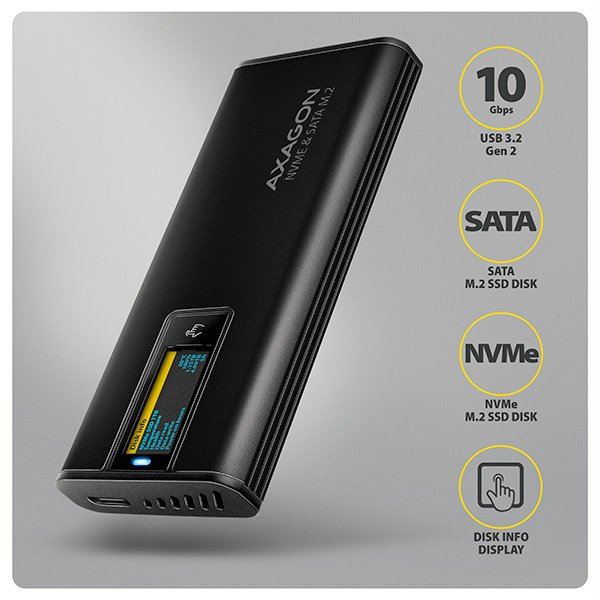 AXAGON EEM2-SD2B, USB-C 10Gbps externí box s displejem pro M.2 NVMe / SATA SSD, bezšroubkový, černý - obrázek č. 1