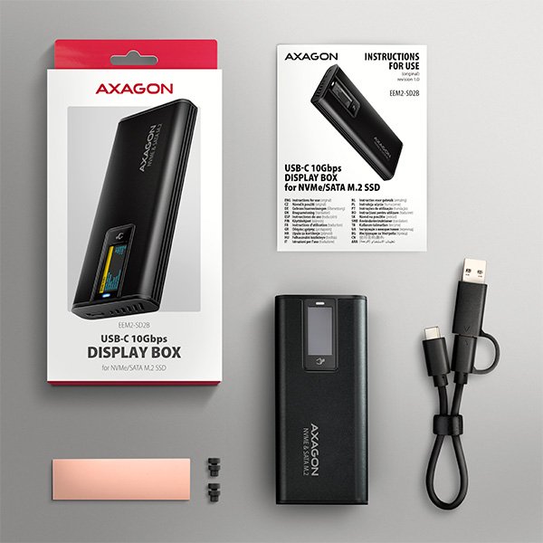 AXAGON EEM2-SD2B, USB-C 10Gbps externí box s displejem pro M.2 NVMe / SATA SSD, bezšroubkový, černý - obrázek č. 10