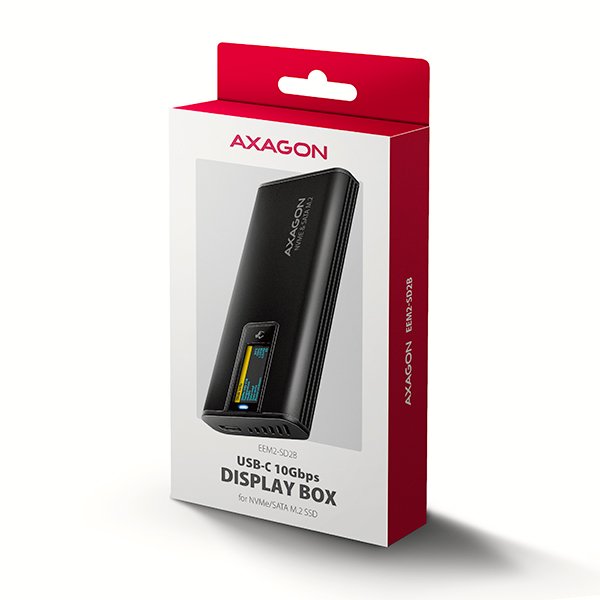 AXAGON EEM2-SD2B, USB-C 10Gbps externí box s displejem pro M.2 NVMe / SATA SSD, bezšroubkový, černý - obrázek č. 2