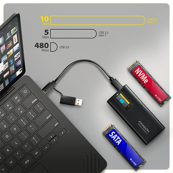 AXAGON EEM2-SD2B, USB-C 10Gbps externí box s displejem pro M.2 NVMe / SATA SSD, bezšroubkový, černý - obrázek č. 8