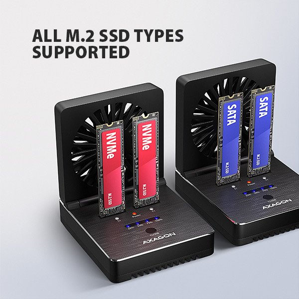 AXAGON ADSA-M2C22, USB-C 20Gbps dokovací stanice pro 2× M.2 NVMe / SATA SSD s funkcí klonování - obrázek č. 9