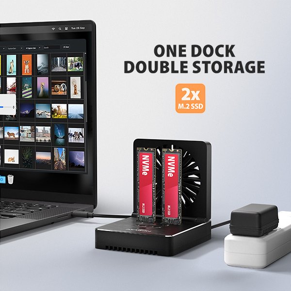 AXAGON ADSA-M2C22, USB-C 20Gbps dokovací stanice pro 2× M.2 NVMe / SATA SSD s funkcí klonování - obrázek č. 1
