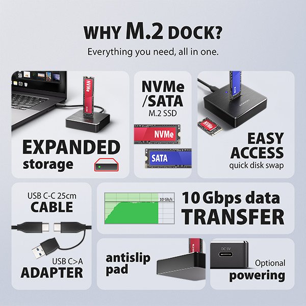 AXAGON ADSA-M2C11, USB-C 10Gbps dokovací stanice pro 1× M.2 NVMe / SATA SSD - obrázek č. 2