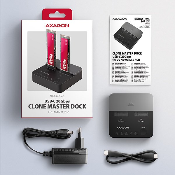 AXAGON ADSA-M2C22L, USB-C 20Gbps dokovací stanice pro 2× M.2 NVMe SSD s funkcí klonování - obrázek č. 3