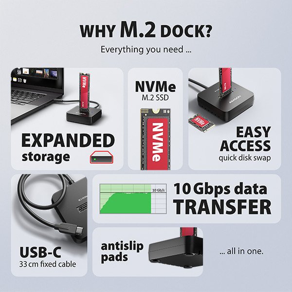 AXAGON ADSA-M2C11L, USB-C 10Gbps dokovací stanice pro 1× M.2 NVMe SSD - obrázek č. 2