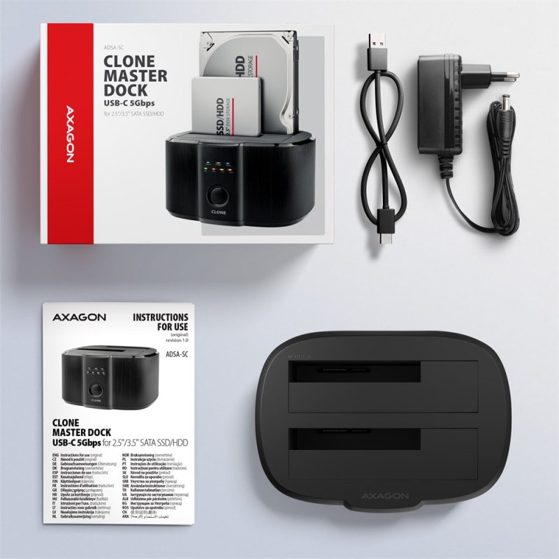AXAGON ADSA-SC, USB-C 5Gbps dokovací stanice pro 2x SATA 6G 2.5" / 3.5" SSD / HDD s funkcí klonování - obrázek č. 10