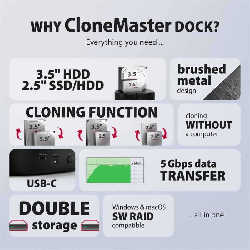 AXAGON ADSA-SC, USB-C 5Gbps dokovací stanice pro 2x SATA 6G 2.5" / 3.5" SSD / HDD s funkcí klonování - obrázek č. 3