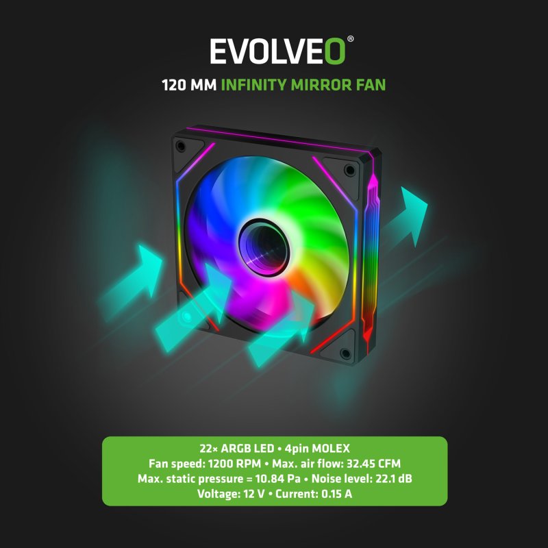 EVOLVEO 120UX-S, ventilátor, 120mm, 4pin molex, ARGB, slave, černý - obrázek č. 1