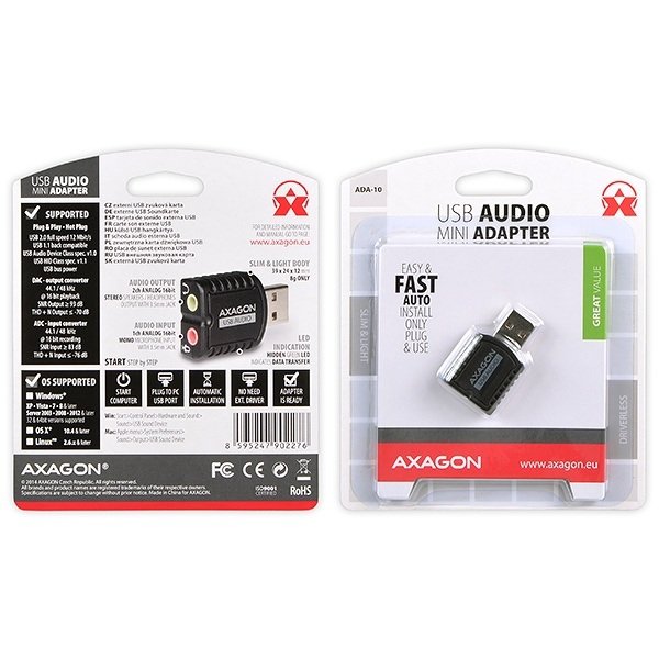 AXAGON ADA-10, USB 2.0 - externí zvuková karta MINI, 48kHz/ 16-bit stereo, vstup USB-A - obrázek č. 2