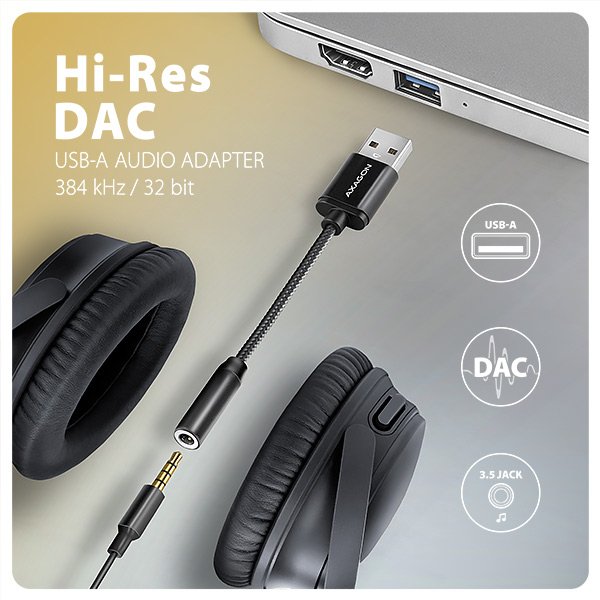 AXAGON ADA-HA, USB-A na 3.5mm jack Hi-Res DAC audio adaptér, 384kHz / 32bit, stereo - obrázek č. 1