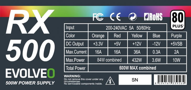 EVOLVEO RX 500, zdroj 500W ATX, RGB rainbow vent. 14cm, tichý, 80+, bulk - obrázek č. 7