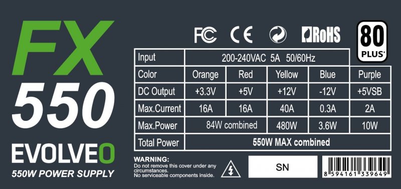 EVOLVEO FX 550 / 550W / ATX / 80PLUS 230V EU / Bulk - obrázek č. 4