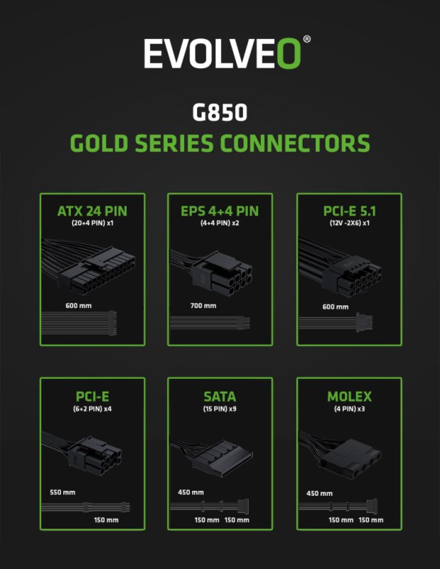 EVOLVEO G850, 850W /  ATX 3.1 /  80+ GOLD /  Modular - obrázek č. 13
