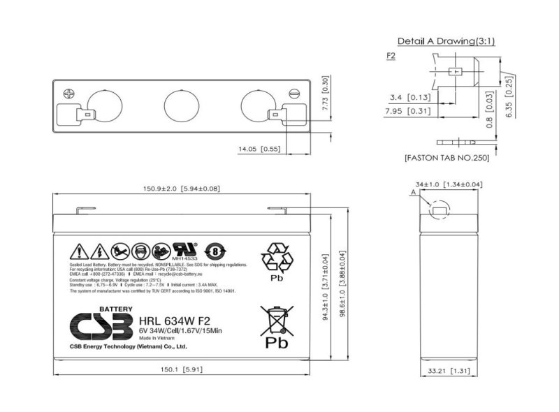 Baterie CSB HR1234WF2, 12V, 9Ah / 34W, F2 - obrázek č. 1