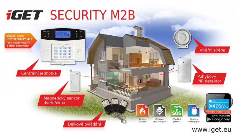 iGET SECURITY M2B - bezdrátový GSM alarm CZ, při poplachu zasílá SMS/ telefonuje, záložní baterie - obrázek č. 1