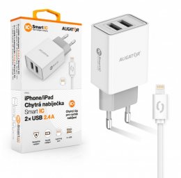 ALIGATOR Chytrá síťová nabíječka 2,4A, 2xUSB, smart IC, bílá, USB kabel pro iPhone/ iPad  (CHA0036)